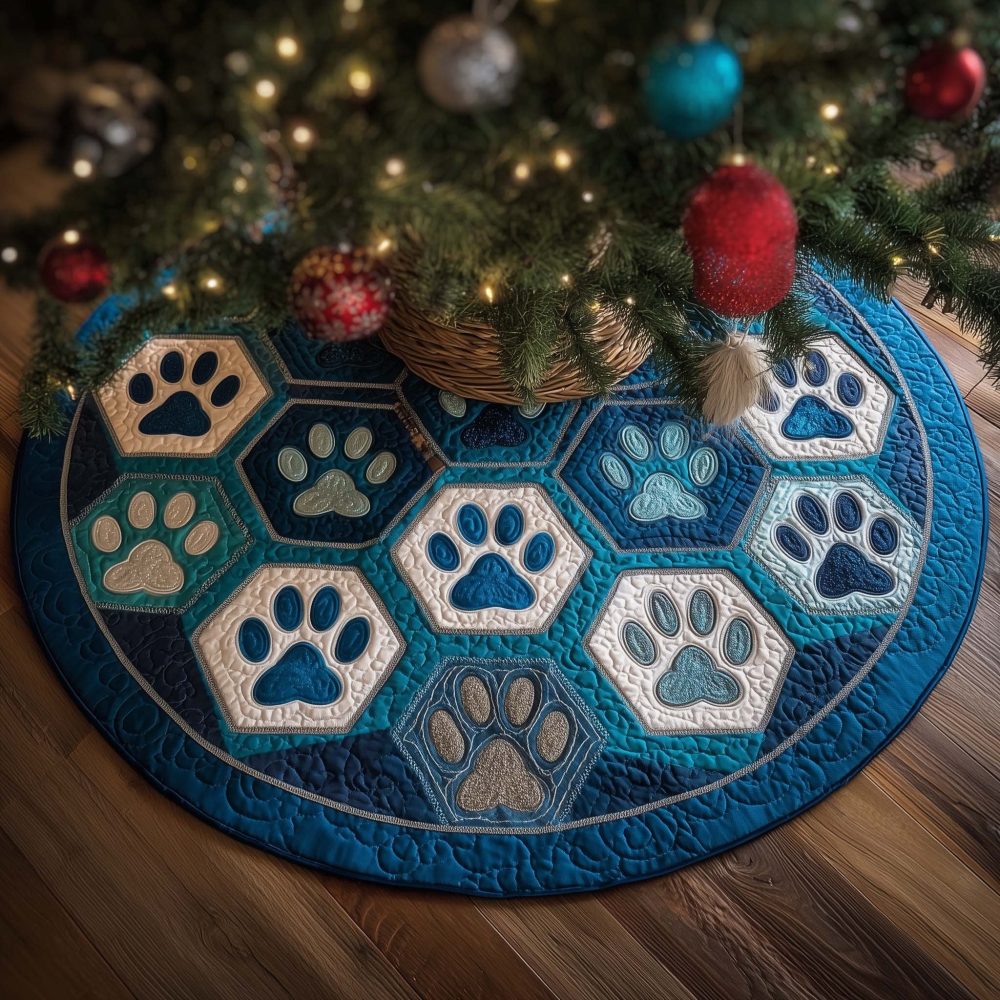 Blue Paw Print Hexagon Christmas Tree Skirt — Custom Made Pet Lover Holiday Skirt With Playful Paw Motif