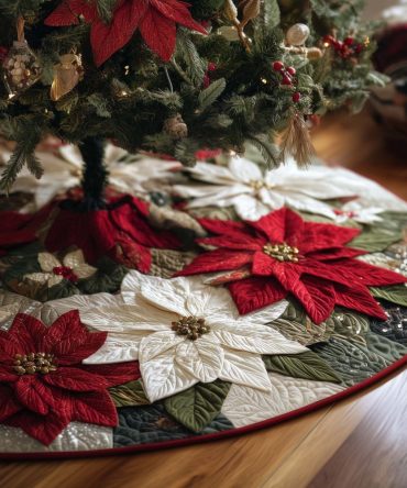 Red & White Poinsettia Blooms Christmas Tree Skirt — Custom Made Floral Holiday Skirt For Classic Seasonal Style