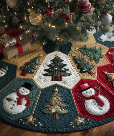 Snowmen & Trees Hexagon Christmas Tree Skirt — Custom Made Festive Patchwork Skirt For Cozy Holiday Settings