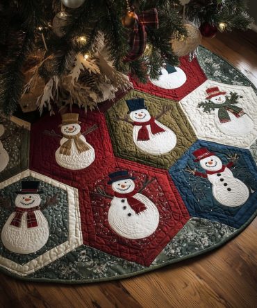 Patchwork Snowmen Christmas Tree Skirt — Made-To-Order Hexagon Snowman Holiday Skirt For Whimsical Seasonal Decor