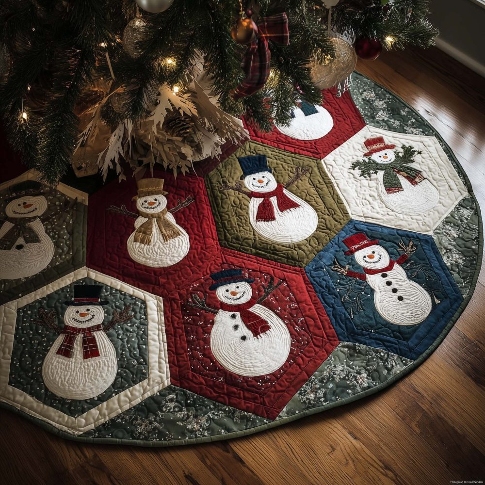 Patchwork Snowmen Christmas Tree Skirt — Made-To-Order Hexagon Snowman Holiday Skirt For Whimsical Seasonal Decor