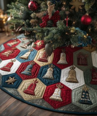 Blue & Red Hexagon Bells Christmas Tree Skirt — Custom Made Holiday Skirt With Decorative Bells And Charming Patchwork