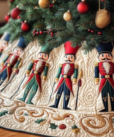 Custom Cream-Scroll Nutcracker Soldier Christmas Tree Skirt — Handmade Holiday Tree Skirt For Elegant Seasonal Decor