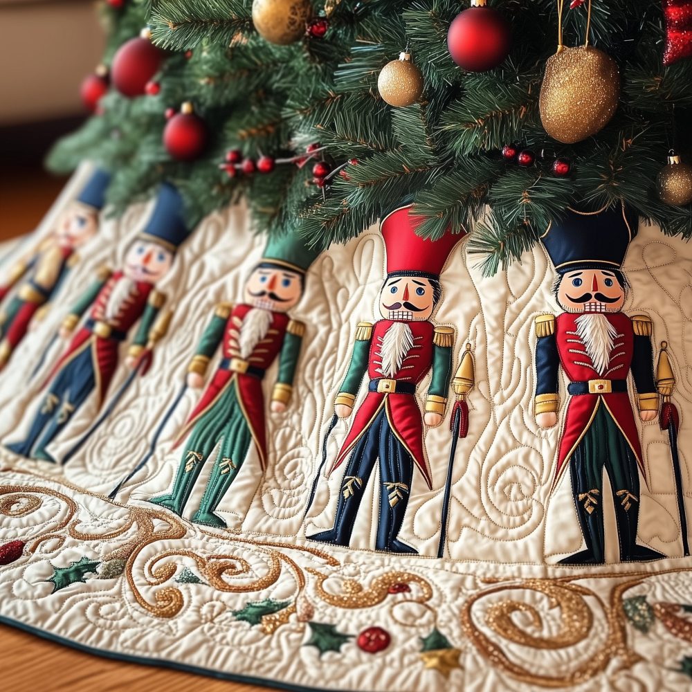 Custom Cream-Scroll Nutcracker Soldier Christmas Tree Skirt — Handmade Holiday Tree Skirt For Elegant Seasonal Decor