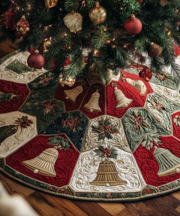 Festive Bells On Red & Green Hexagon Christmas Tree Skirt — Custom Made Holiday Skirt With Classic Seasonal Pattern