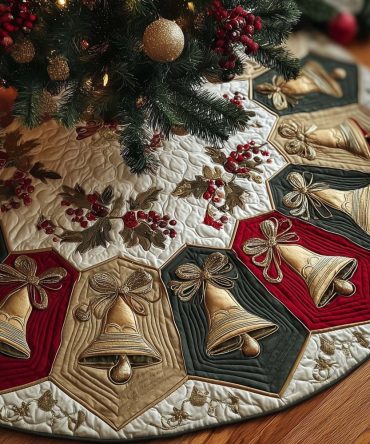 Cream Hexagon Christmas Tree Skirt With Bells & Bows — Custom Made Elegant Holiday Skirt, Perfect For Classic Interiors