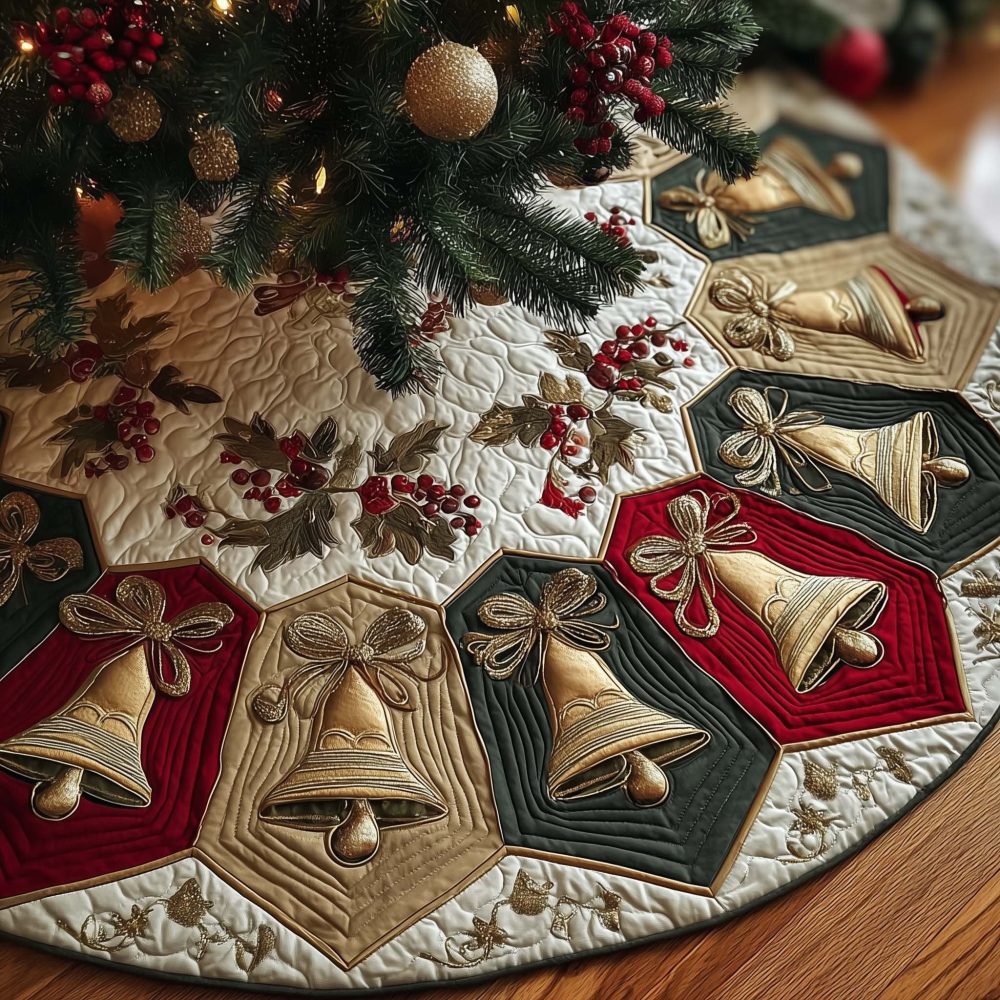 Cream Hexagon Christmas Tree Skirt With Bells & Bows — Custom Made Elegant Holiday Skirt, Perfect For Classic Interiors