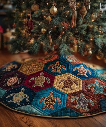 Hexagon Patchwork Turtle Christmas Tree Skirt — Custom Made Coastal Patchwork Skirt With Sea Turtle Motifs