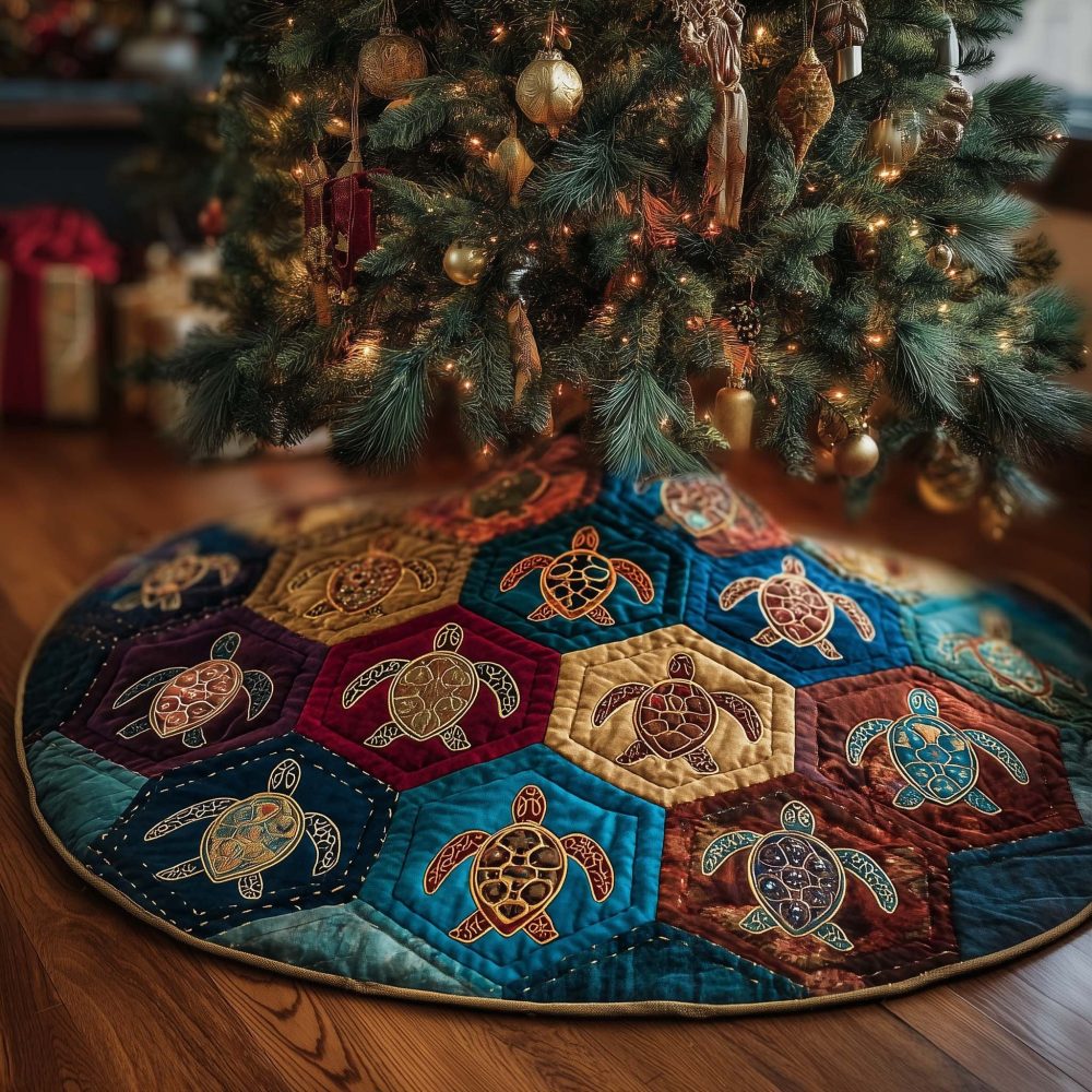 Hexagon Patchwork Turtle Christmas Tree Skirt — Custom Made Coastal Patchwork Skirt With Sea Turtle Motifs