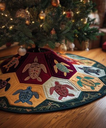 Red & Gold Hexagon Turtles Christmas Tree Skirt — Elegant Custom Holiday Skirt With Turtle Motifs For Festive Coastal Charm