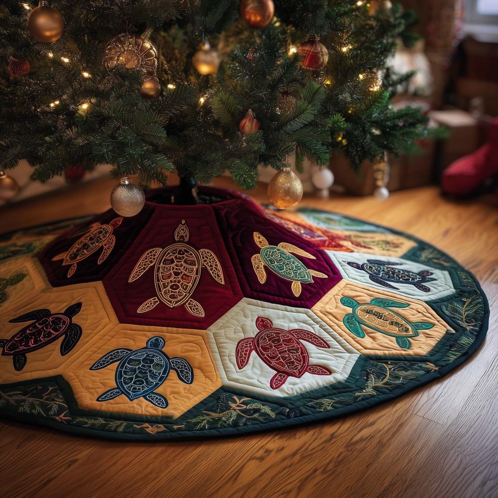 Red & Gold Hexagon Turtles Christmas Tree Skirt — Elegant Custom Holiday Skirt With Turtle Motifs For Festive Coastal Charm