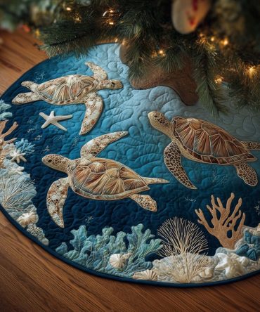Sea Turtles Over Coral Reef Christmas Tree Skirt — Custom Ocean-Themed Holiday Skirt For Coastal & Nautical Homes
