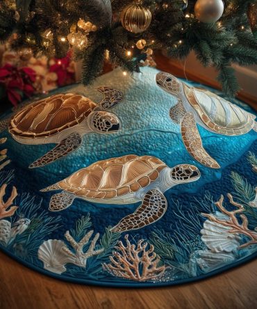 Teal Water Sea Turtles Christmas Tree Skirt — Custom Made Holiday Skirt With Gliding Turtle Design For Beach Houses