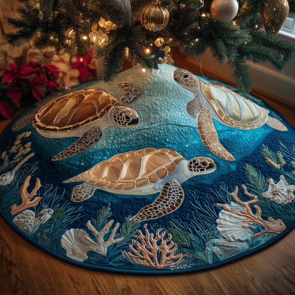Teal Water Sea Turtles Christmas Tree Skirt — Custom Made Holiday Skirt With Gliding Turtle Design For Beach Houses