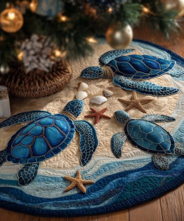 Handmade Turtles & Starfish On Sand Christmas Tree Skirt — Custom Beach-Themed Holiday Skirt, Available In Multiple Sizes