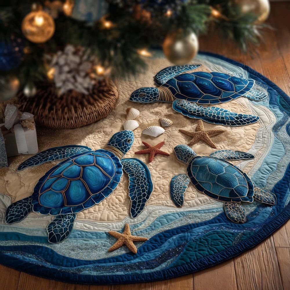 Handmade Turtles & Starfish On Sand Christmas Tree Skirt — Custom Beach-Themed Holiday Skirt, Available In Multiple Sizes