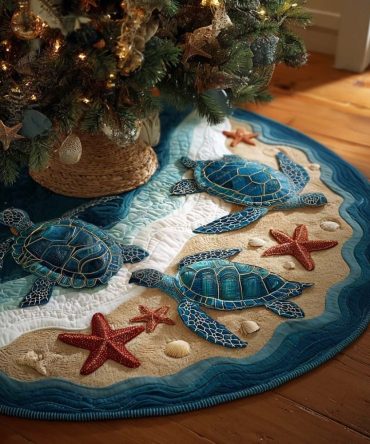 Holiday Tree Skirt With Turtles, Shells & Red Starfish — Custom Made Coastal Christmas Skirt For Nautical Homes