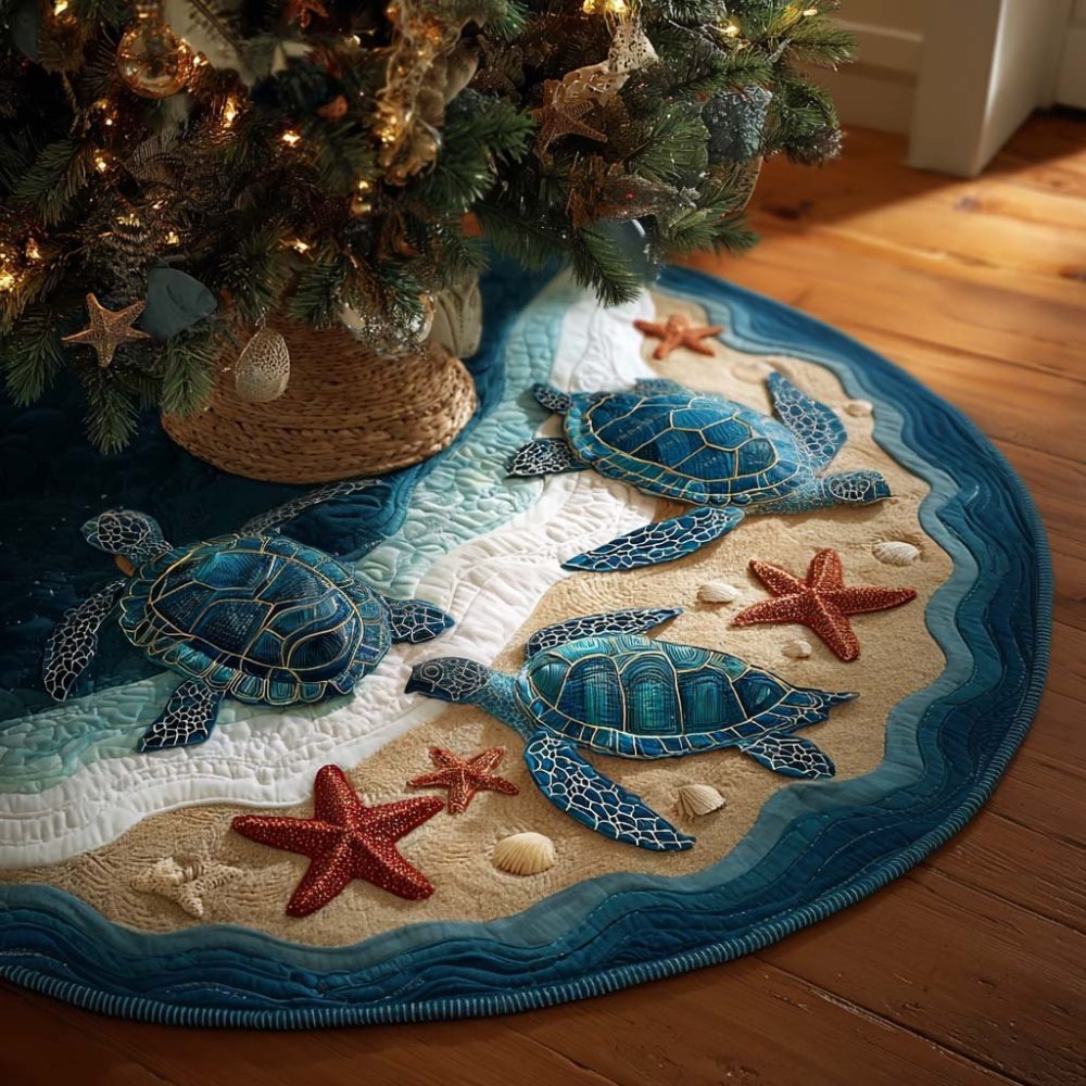 Holiday Tree Skirt With Turtles, Shells & Red Starfish — Custom Made Coastal Christmas Skirt For Nautical Homes