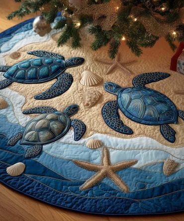 Custom Coastal Blue Sea Turtle & Sandy Starfish Christmas Tree Skirt — Handmade Holiday Tree Skirt For Beach Homes