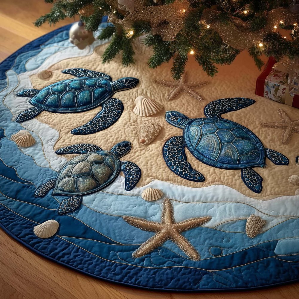 Custom Coastal Blue Sea Turtle & Sandy Starfish Christmas Tree Skirt — Handmade Holiday Tree Skirt For Beach Homes
