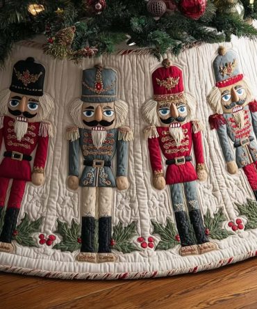 Ivory Nutcracker Guard Tree Skirt With Holly — Elegant Made-To-Order Quilted Christmas Skirt, Handcrafted For Timeless Holiday Style