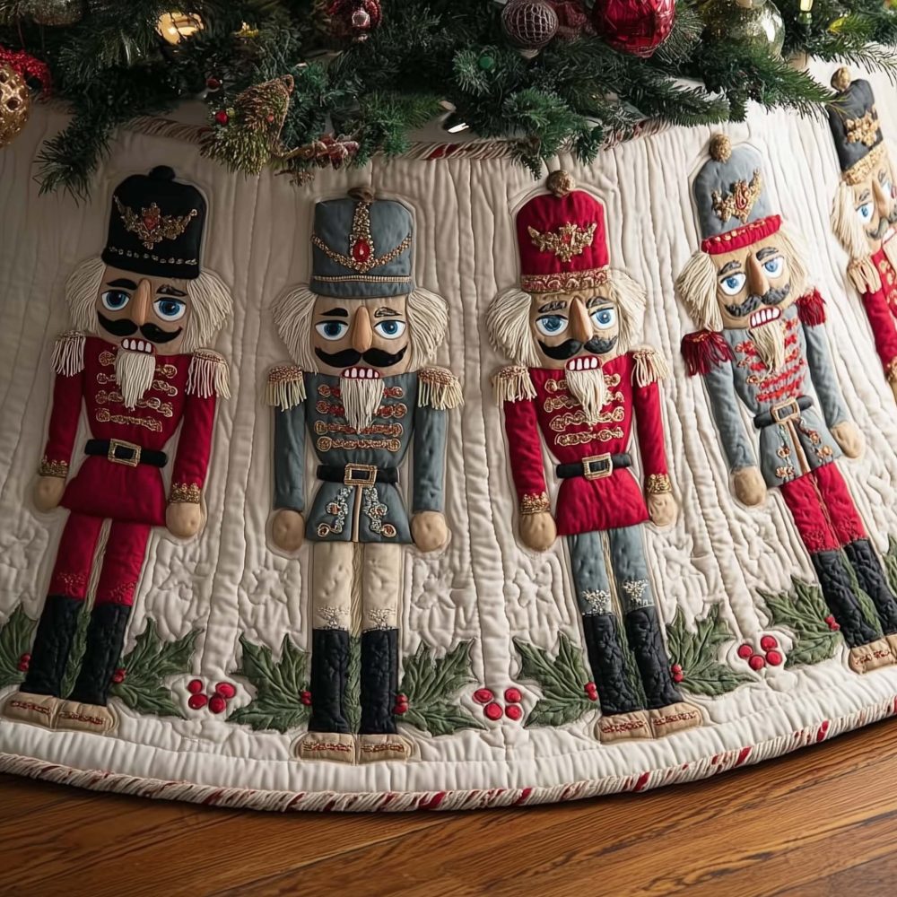 Ivory Nutcracker Guard Tree Skirt With Holly — Elegant Made-To-Order Quilted Christmas Skirt, Handcrafted For Timeless Holiday Style