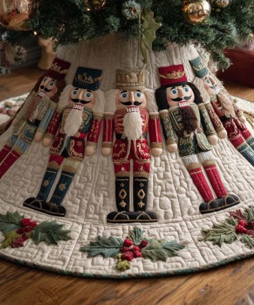 Nutcracker Row On Cream Holly Tree Skirt — Handcrafted Ivory Quilted Christmas Skirt With Classic Soldier Motif, Custom Made