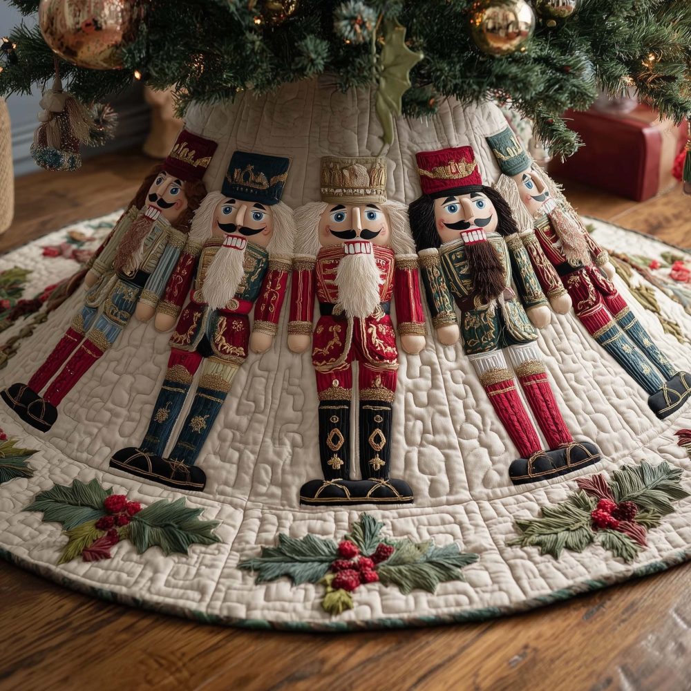 Nutcracker Row On Cream Holly Tree Skirt — Handcrafted Ivory Quilted Christmas Skirt With Classic Soldier Motif, Custom Made