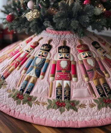 Pink Quilt Nutcracker Tree Skirt — Handcrafted Pink Christmas Skirt With Nutcracker Accents, Custom Sizes & Made-To-Order