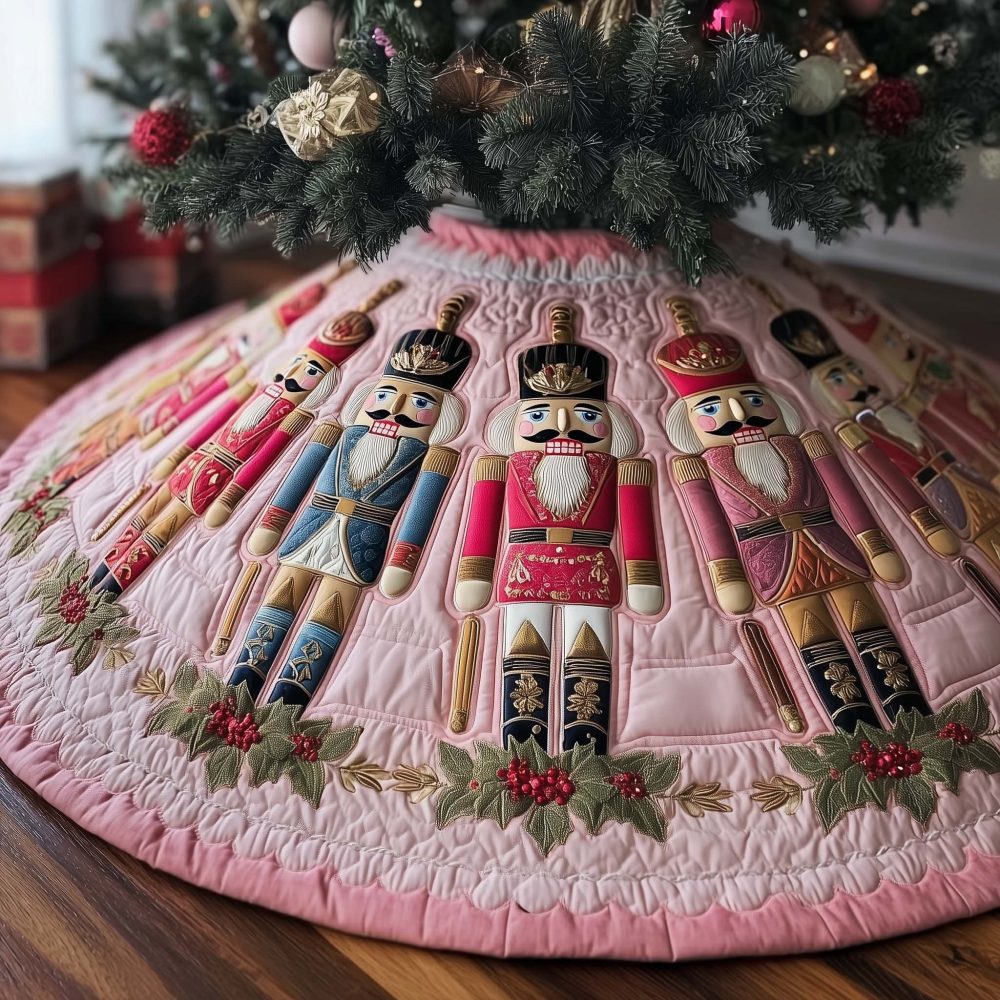 Pink Quilt Nutcracker Tree Skirt — Handcrafted Pink Christmas Skirt With Nutcracker Accents, Custom Sizes & Made-To-Order