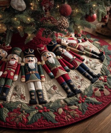 Crimson Holly Hem Nutcrackers Tree Skirt — Custom Quilted Christmas Skirt With Festive Soldiers And Holly Trim, Made-To-Order