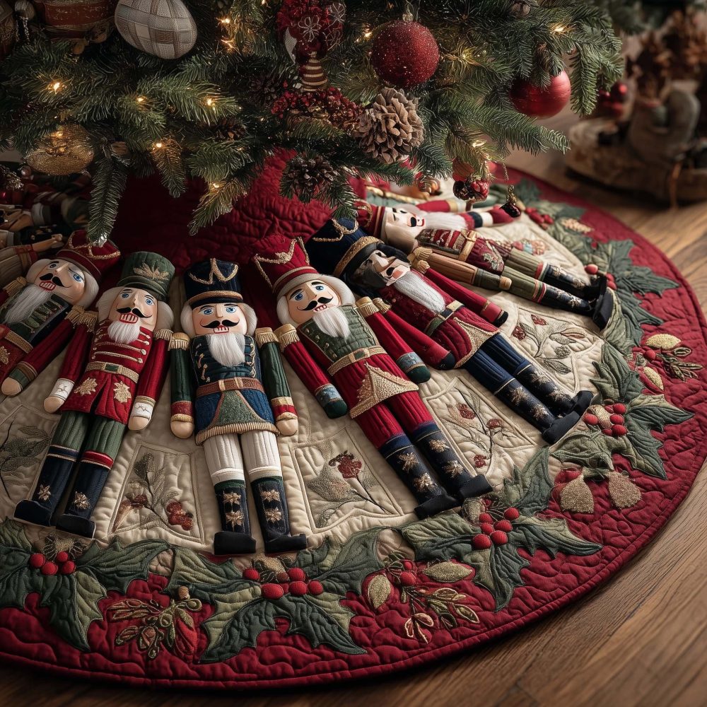 Crimson Holly Hem Nutcrackers Tree Skirt — Custom Quilted Christmas Skirt With Festive Soldiers And Holly Trim, Made-To-Order