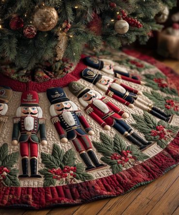 Ruby Nutcracker Fan Tree Skirt — Luxurious Handcrafted Christmas Skirt With Festive Nutcracker Motif, Made-To-Order