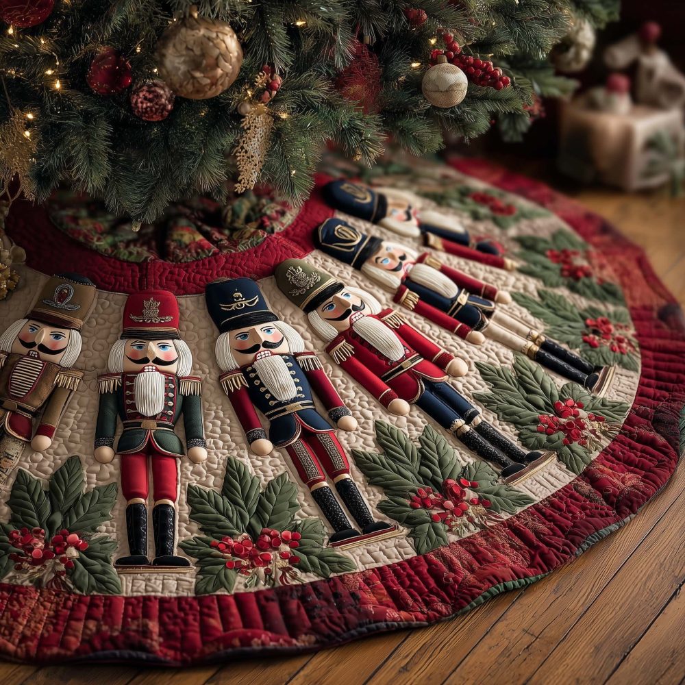 Ruby Nutcracker Fan Tree Skirt — Luxurious Handcrafted Christmas Skirt With Festive Nutcracker Motif, Made-To-Order