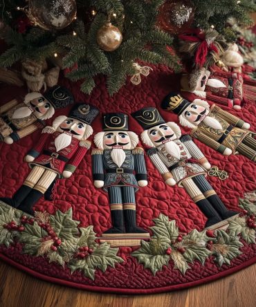 Berry Holly Ring Nutcrackers Tree Skirt — Quilted Berry Tones With Nutcracker Border, Handmade & Made-To-Order Holiday Decor