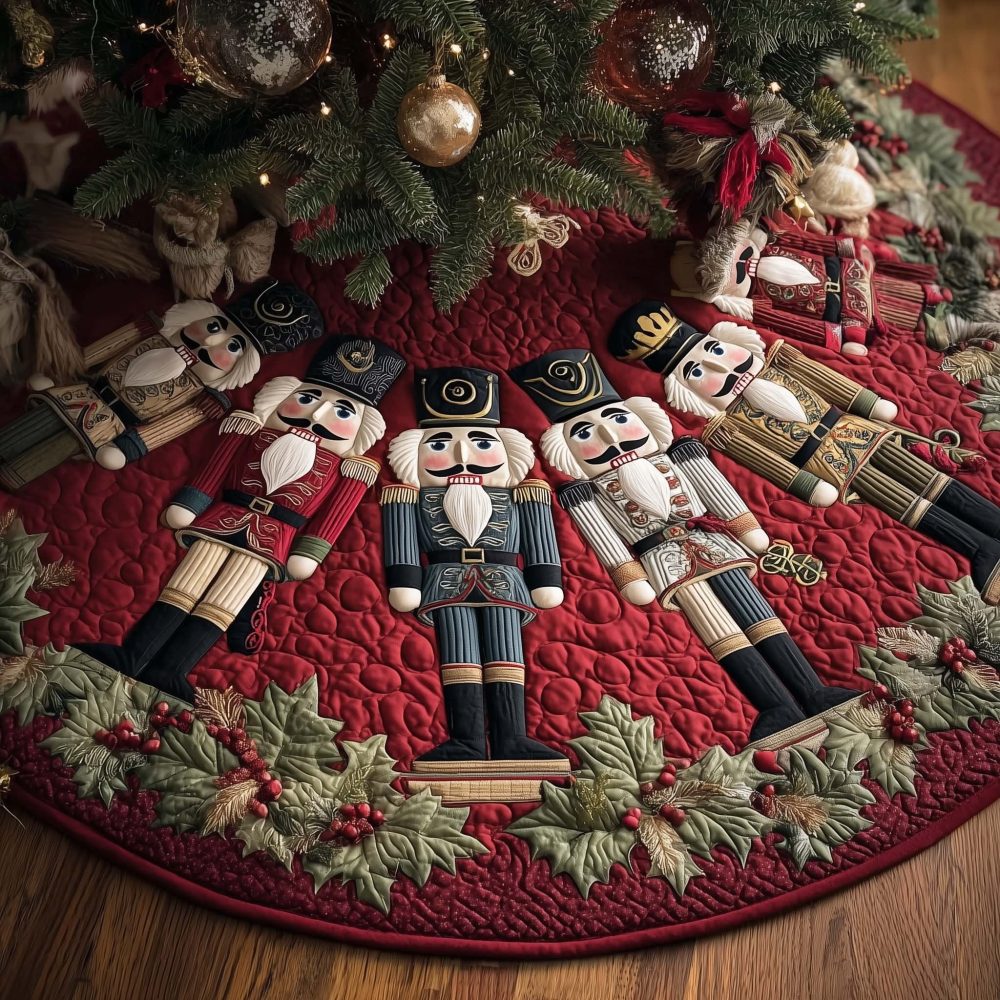 Berry Holly Ring Nutcrackers Tree Skirt — Quilted Berry Tones With Nutcracker Border, Handmade & Made-To-Order Holiday Decor