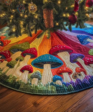 Bright Mushrooms On Rainbow Field Christmas Tree Skirt — Handmade Colorful Fungi Holiday Skirt, Custom Sizes & Made-To-Order