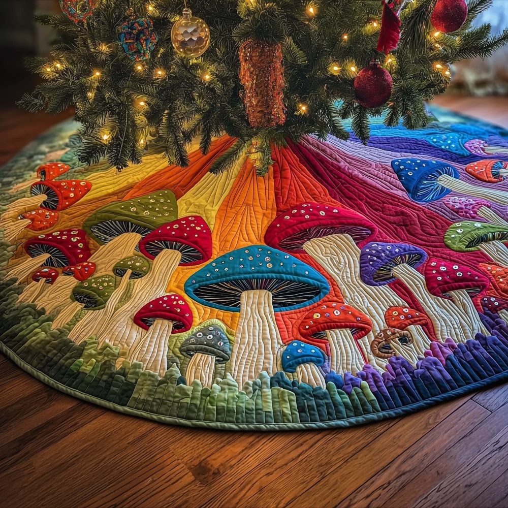 Bright Mushrooms On Rainbow Field Christmas Tree Skirt — Handmade Colorful Fungi Holiday Skirt, Custom Sizes & Made-To-Order