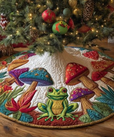 Mushrooms And Frogs On White Christmas Tree Skirt — Handmade Whimsical Winter Skirt With Amphibian & Fungi Motif, Made To Order