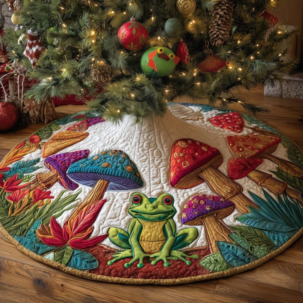 Mushrooms And Frogs On White Christmas Tree Skirt — Handmade Whimsical Winter Skirt With Amphibian & Fungi Motif, Made To Order