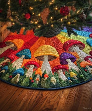 Mushrooms Under A Sunset Sky Christmas Tree Skirt — Handmade Sunset Mushroom Holiday Skirt, Custom Sizes & Made-To-Order