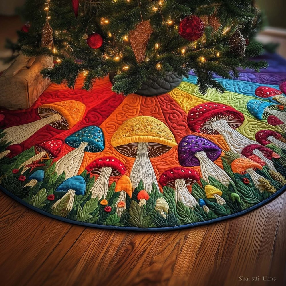 Mushrooms Under A Sunset Sky Christmas Tree Skirt — Handmade Sunset Mushroom Holiday Skirt, Custom Sizes & Made-To-Order