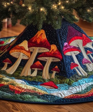 Tall Forest Mushrooms Christmas Tree Skirt On Deep Blue — Handmade Made-To-Order Woodland Holiday Skirt, Customizable Options