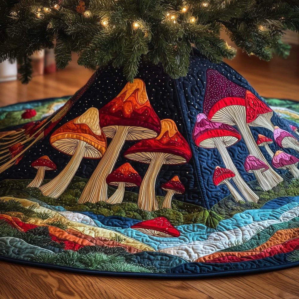 Tall Forest Mushrooms Christmas Tree Skirt On Deep Blue — Handmade Made-To-Order Woodland Holiday Skirt, Customizable Options