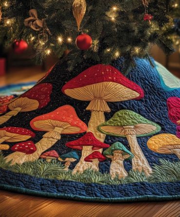 Mushrooms On Navy Grass Field Christmas Tree Skirt — Handmade Fungi-Themed Holiday Skirt, Custom Sizes, Made To Order