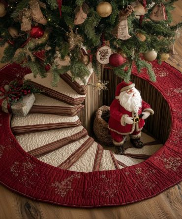 Spiral Staircase Santa Tree Skirt — Handcrafted Made-To-Order Christmas Tree Skirt For Dramatic Festive Displays