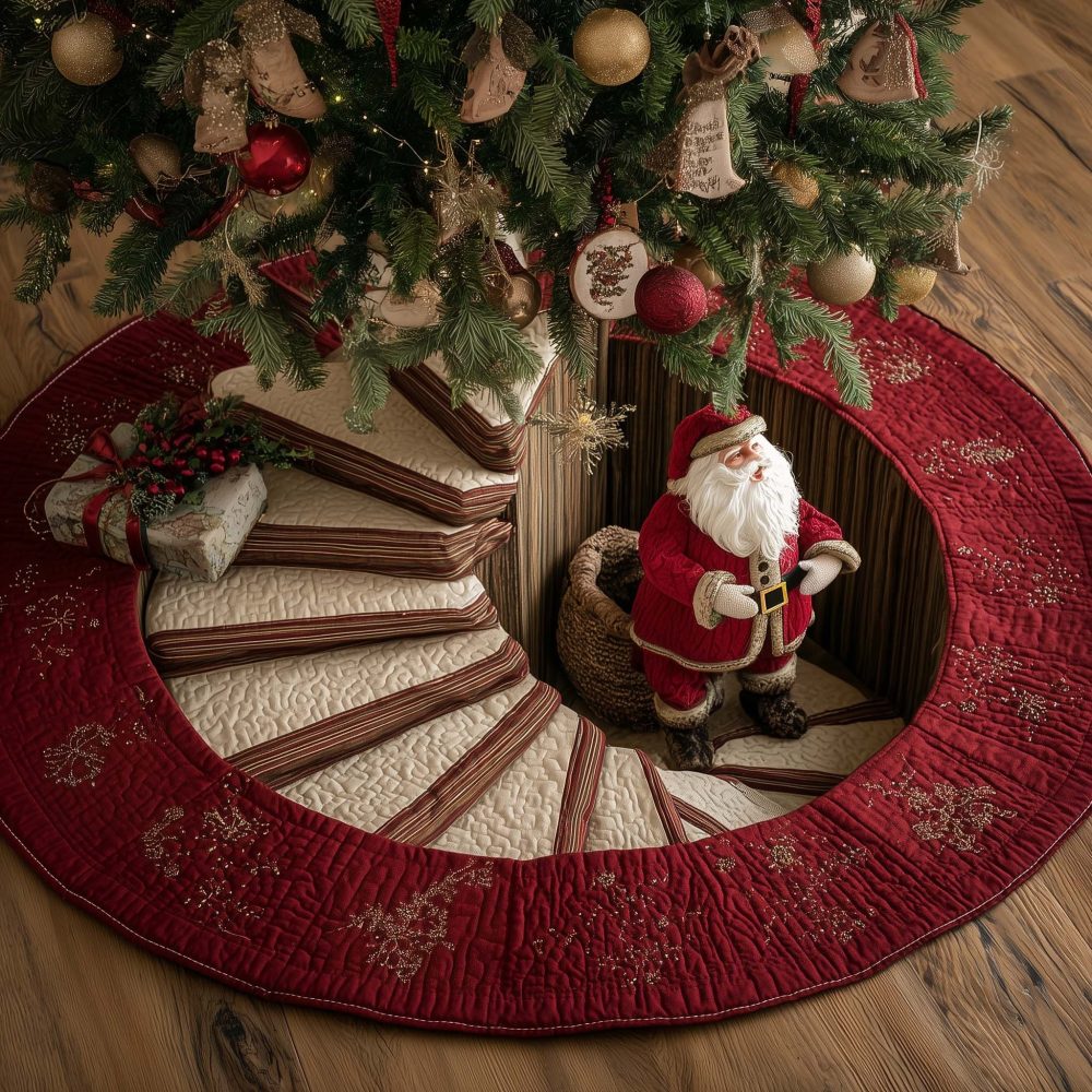 Spiral Staircase Santa Tree Skirt — Handcrafted Made-To-Order Christmas Tree Skirt For Dramatic Festive Displays