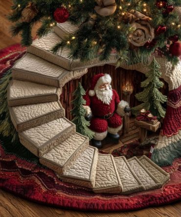 Stone Steps Santa Tree Skirt — Handcrafted, Made-To-Order Christmas Tree Skirt Featuring Santa Climbing Stone Steps
