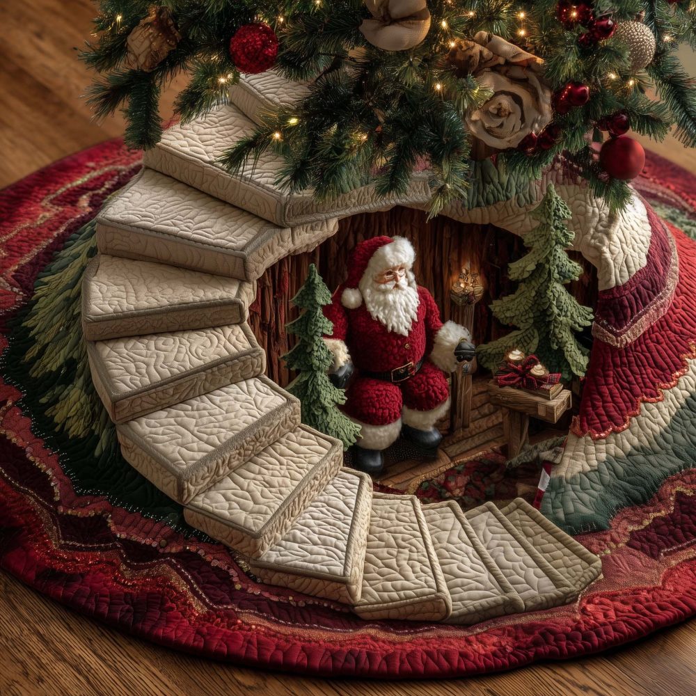 Stone Steps Santa Tree Skirt — Handcrafted, Made-To-Order Christmas Tree Skirt Featuring Santa Climbing Stone Steps