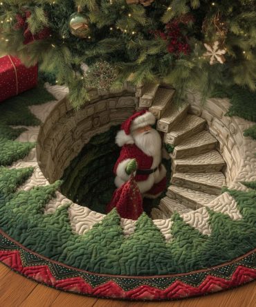 Santa Descending The Green Well Tree Skirt — Custom Made-To-Order Holiday Tree Skirt With Vintage-Inspired Charm